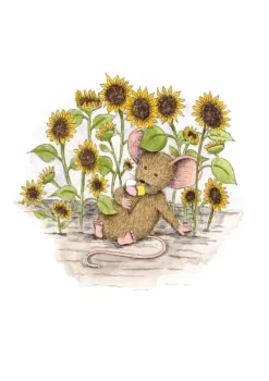 Anillustration Wenskaarten^Ansichtkaart Zonnebloemen met muisje