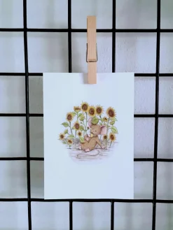Anillustration Wenskaarten^Ansichtkaart Zonnebloemen met muisje