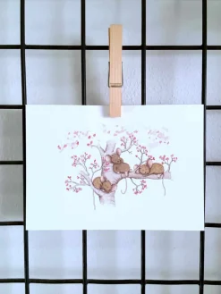 Anillustration Wenskaarten^Ansichtkaart Slapende muisjes bloesemboom