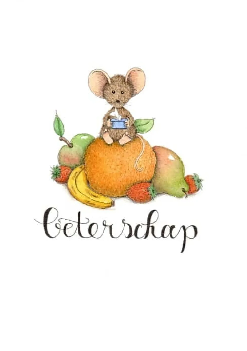 Anillustration Wenskaarten^Ansichtkaart Beterschap muis op fruit