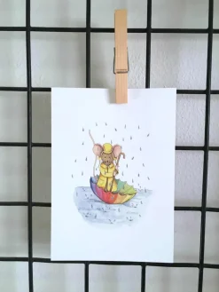 Anillustration Wenskaarten^Ansichtkaart Muisje varen in paraplu