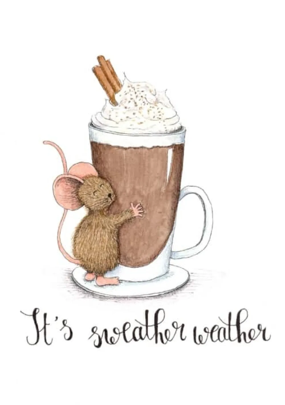 Anillustration Wenskaarten^Ansichtkaart Muisje knuffelt chocolademelk