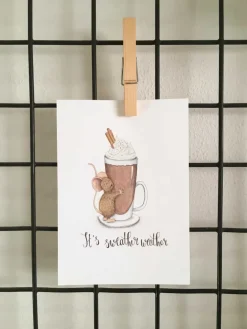 Anillustration Wenskaarten^Ansichtkaart Muisje knuffelt chocolademelk