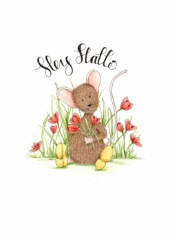 Anillustration Wenskaarten^Ansichtkaart Hey hallo muisje met tulpen