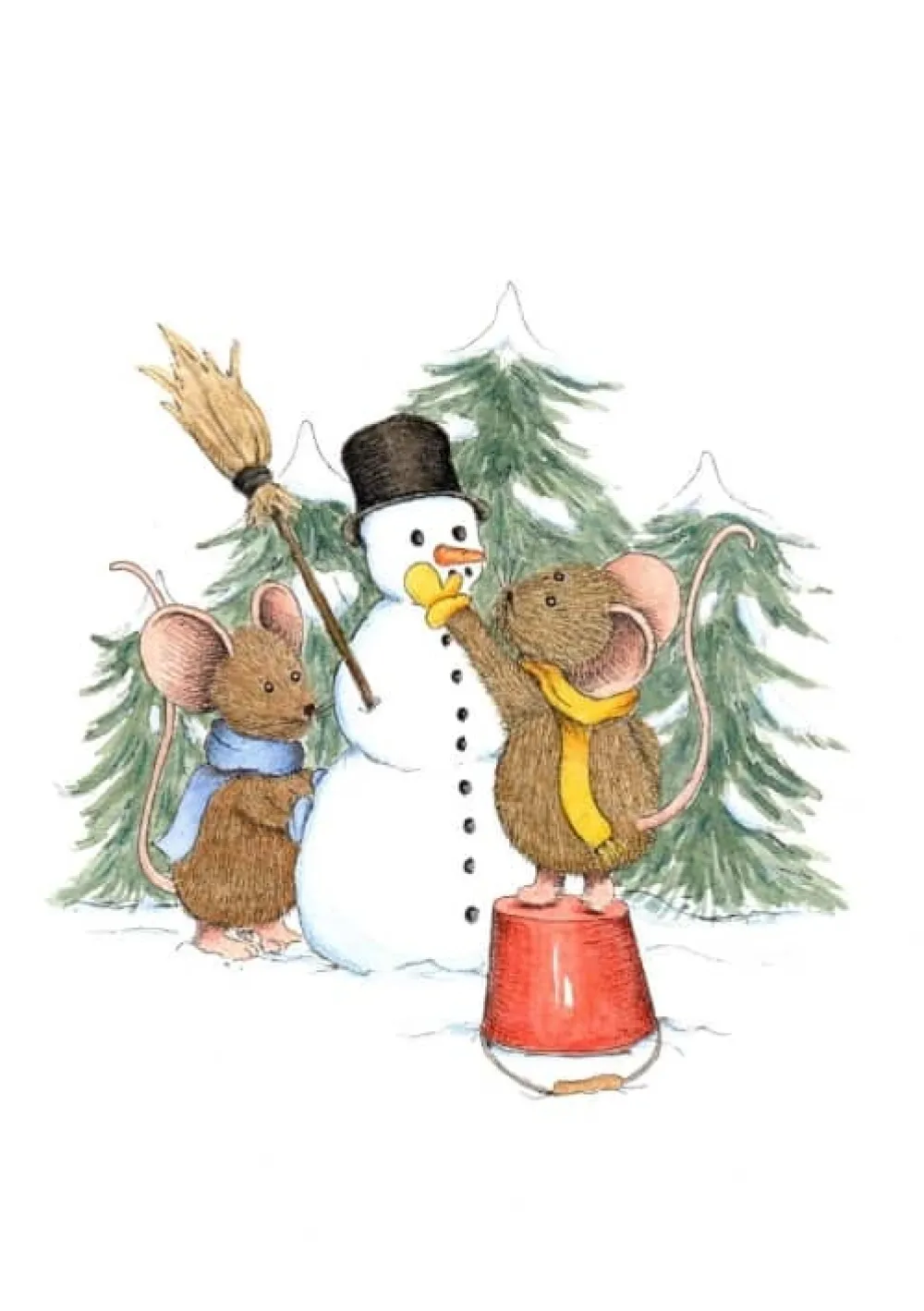 Anillustration Wenskaarten^Ansichtkaart Muisjes maken sneeuwpop