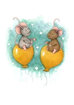Anillustration Wenskaarten^Ansichtkaart Muisjes op gele ballonnen liefde
