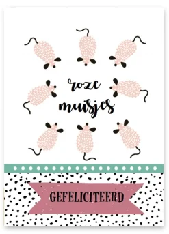 Pepermints Wenskaarten^Wenskaart Roze Muisjes Gefeliciteerd